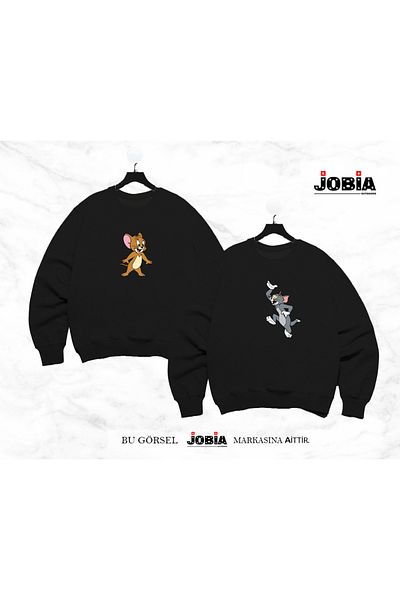 Jobia Outdoors Unisex Φούτερ με στάμπα Tom And Jerry Lover Couple 3 Thread Raster Σετ 2 τεμαχίων