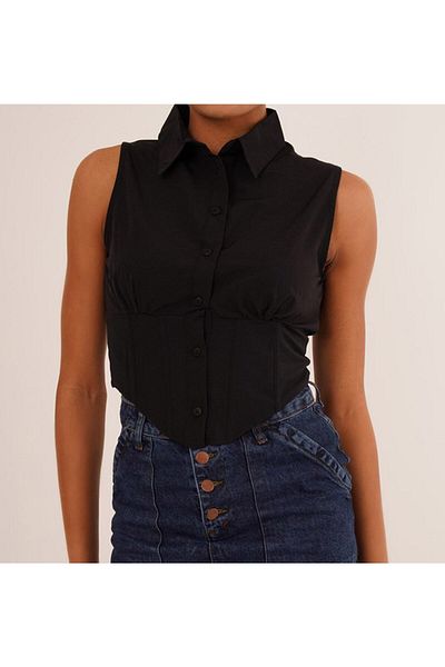 alenmoda Cămașă crop din popelină neagră - fără mâneci și cu sârmă