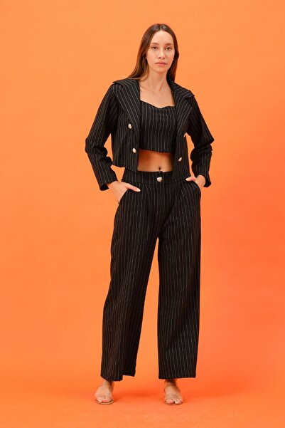 Siyah -Beyaz çizgili, Crop-Ceket-Pantalon 3lü Alt-Üst Takım