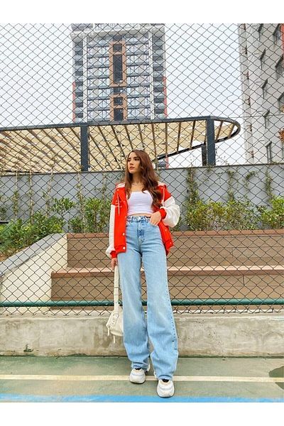 MAKRAS EXCLUSIVE Blugi Palazzo din Lycra cu talie înaltă albastră - Design liber spălat cu zăpadă
