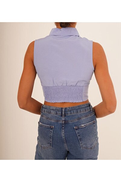 alenmoda Cămașă de damă, albastru deschis, fără mâneci, cu talie, cu corset elastic, din popelină, fără mâneci