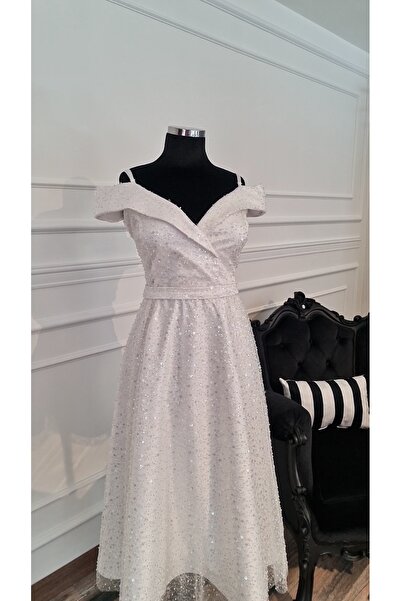 makbuleofficial Ekru Beyaz Kumaştan, Kruvaze Yaka,midi Boy,after Party,söz Nişan,nikah Elbisesi