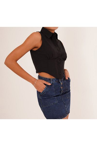 alenmoda Cămașă crop din popelină neagră - fără mâneci și cu sârmă