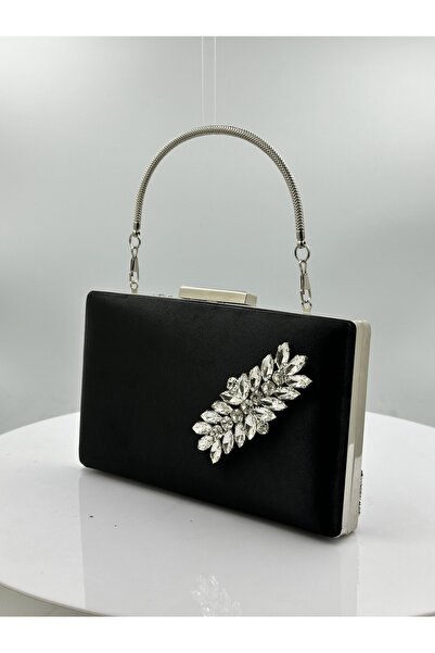 Biçanta Geantă elegantă neagră din material satin cu carcasă argintie și piet...