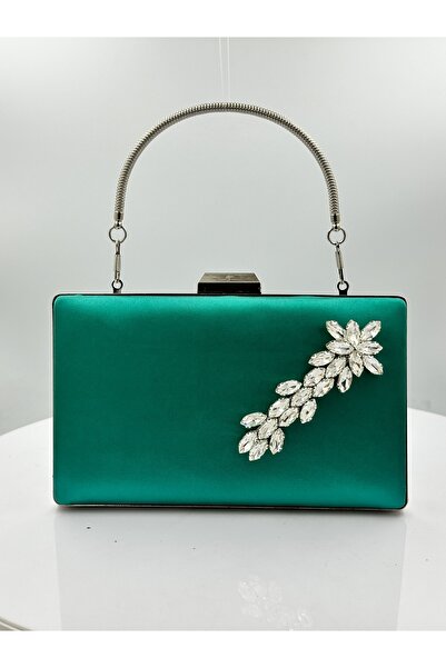 Biçanta Geantă elegantă din satin verde, cu detalii argintii și pietre argint...