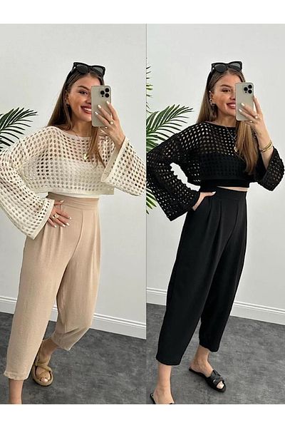 FİOX ATELİER Women's Trend Double Beige-black Package Openwork Spanish Sleeve Openwork Crop Knitwear