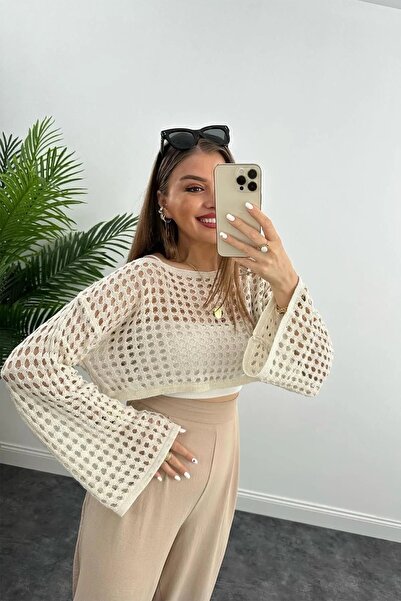 FİOX ATELİER Kadın Trend Ikili Bej-siyah Paket Ajurlu Ispanyol Kol Ajurlu Crop Triko
