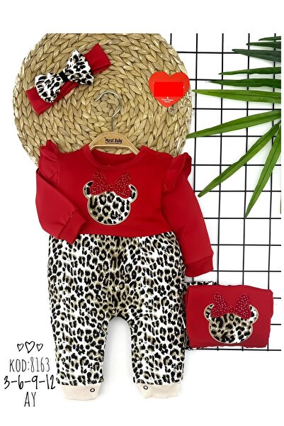 dubi baby kırmızı leopar fare kafalı bandanalı bebe tulum