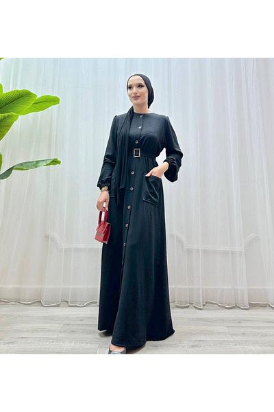 AKŞEN GİYİM Λινό φόρεμα Airobin Hijab με κουμπιά μέχρι το πάτωμα και δύο τσέπες με ζώνη