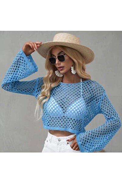 NUR TEKSTİL Kadın mavi ajurlu Ispanyol Kol Geniş Yaka Salaş Delikli triko cro...