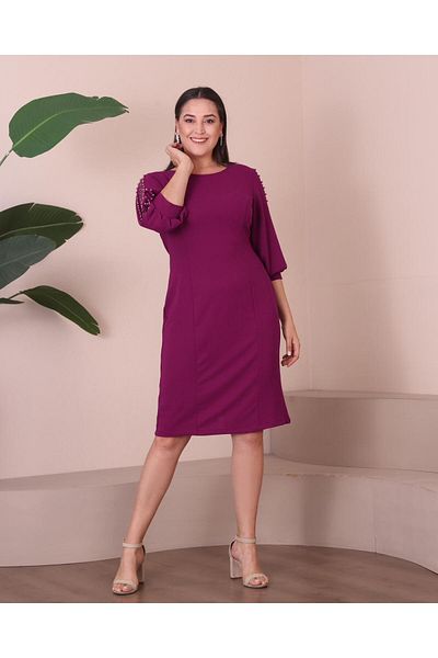 Şirin Butik Women's Plus Size Sleeves Pearl Detailed Fuchsia Color Evening Dress