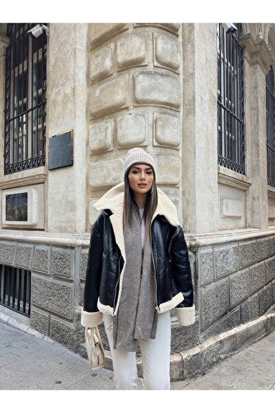 Ekim Store Astarlı İçi Peluş Crop Uzun Biker Deri Mont
