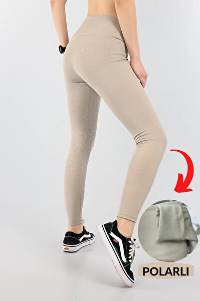 EDAMODA Μπεζ Κοτλέ ψηλόμεσο κολάν με φλις εσωτερικά