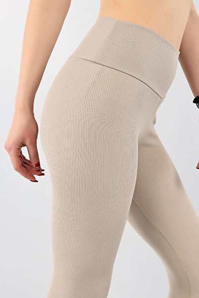 EDAMODA Μπεζ Κοτλέ ψηλόμεσο κολάν με φλις εσωτερικά