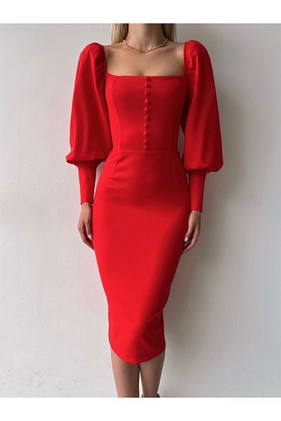 Afiş Butik Long Sleeve Pencil Dress with Red Buttons