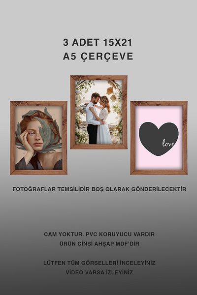 Pufi 3 Pcs 15X21 Kemençe Wood Frame Mdf - Photo Frame with Pvc - 3 Pcs A5 Frame