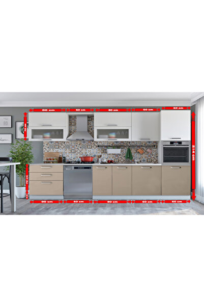 Kenyap Vegas 341 Ankastre HİGH GLOSS Mutfak Capucino&Beyaz 341 cm Tezgah Hariç