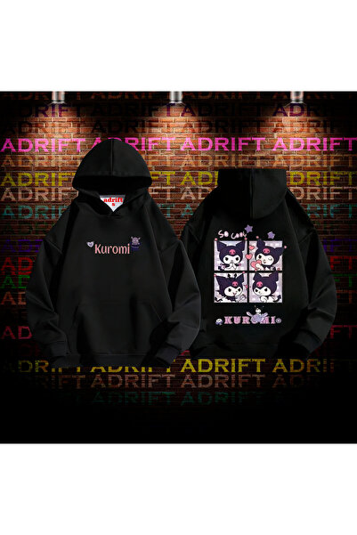 Adrift KUROMİ Tasarım Baskılı Kapüşonlu Sweatshirt Hoodie Siyah