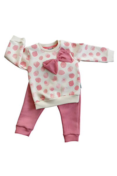 Miniworld Puantiyeli Fiyonk Detaylı Kız Bebek 2'li Takım-3 İplik Puantiyeli,Fiyonk Detaylı Sweat ve Pantolon