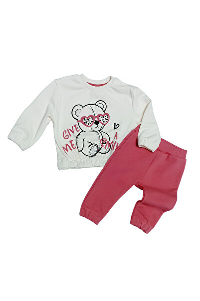 Miniworld Give Me Smile Unisex Baby 2-Piece Set-Teddy Bear Printed Elastic Detailed Sweat on Waist and Sleeves, Trousers