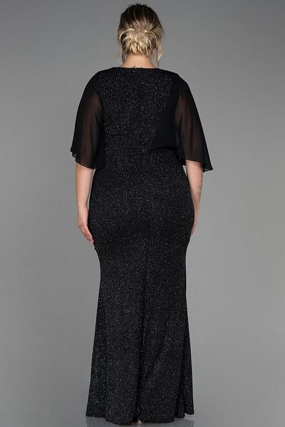 Abiyefon Black-Silver Short Sleeve Long Glitter Plus Size Evening Dress ABU2857