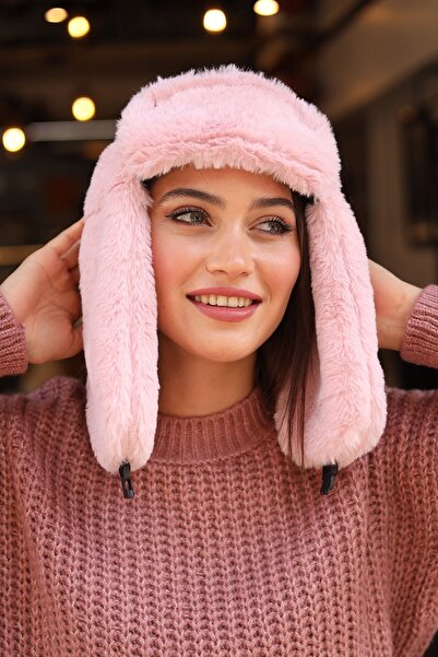 REMSA Çıtçıtlı Kürklü Kulaklıklı Peluş Bere Şapka RKŞ-03 Pudra