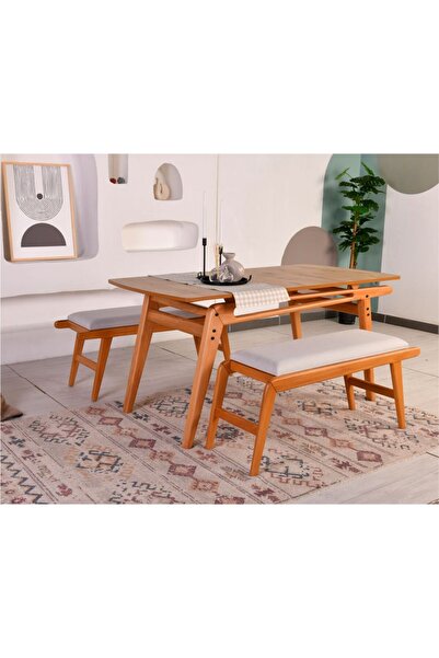 AVOKADO MOBİLYA Palace Meşe İskelet 2 Bench 1 Masa İskandinav Mutfak Masa Takımı