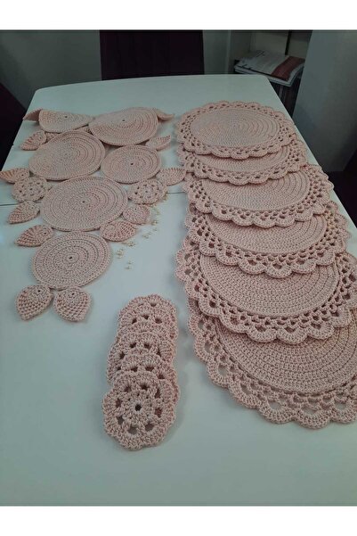 Hazem Tasarım Makrome Örgü 6'lı Amerikan Servis-6'lı Bardak Altı - Runner Takımı