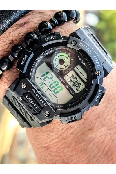 Cockpit Brand Black Men's Watch Bracelet Suitable for Marine Use, illuminated, digital, with stopwatch,