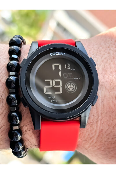 Cockpit Brand, Suitable for Marine Use, Illuminated, with Stopwatch, Red Digital Men's Wristwatch + Bracelet