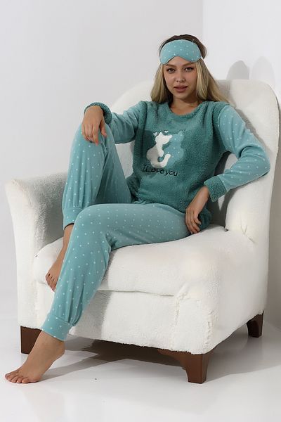 Wordex Fawn 3011 Plush Welsoft Fleece Iarnă Femei Home Cat Set de pijamale brodate