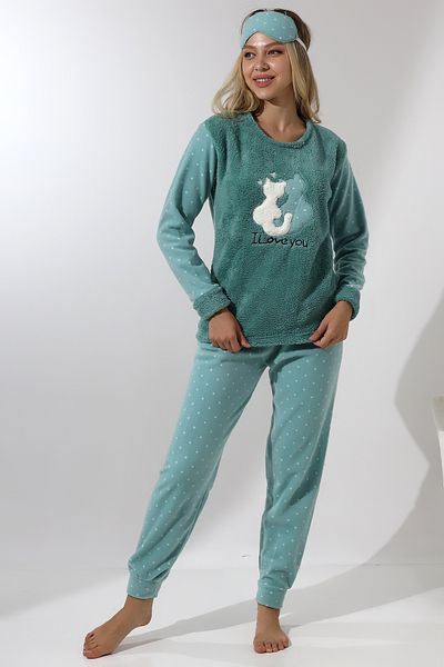 Wordex Fawn 3011 Plush Welsoft Fleece Iarnă Femei Home Cat Set de pijamale brodate