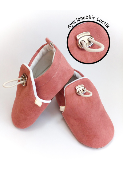 Tiny Feet Pembe Kadife Kaydırmaz Taban, Ayarlanabilir Lastikli Bebek Patik, Kreş Ayakkabısı, Ev Botu Panduf