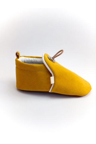 Tiny Feet Mustard Velvet Anti-Slip Sole, Adjustable Elastic Baby Booties, Nursery Shoes, Home Boots slippers