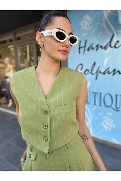 HANDE ÇOLPAN Vesta cu dungi verde bej