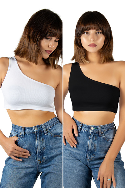 BUCADO Pachet de 2 bluză crop top cu un singur umăr albă-negru