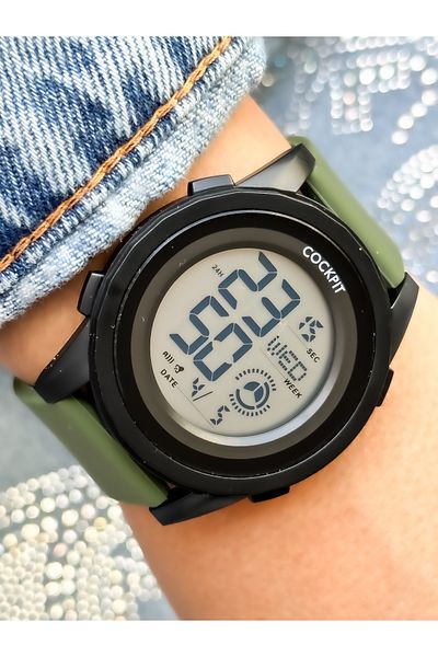 Cockpit Brand, Suitable for Marine Use, Illuminated, with Stopwatch, Green Digital Women's Wristwatch + Bracelet