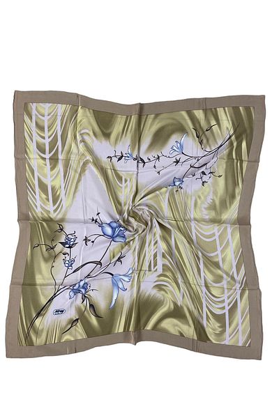 MİRAY EŞARP Miray 100% Pure Silk 100cm X 100cm Large Size Floral Green Beige Scarf E-52