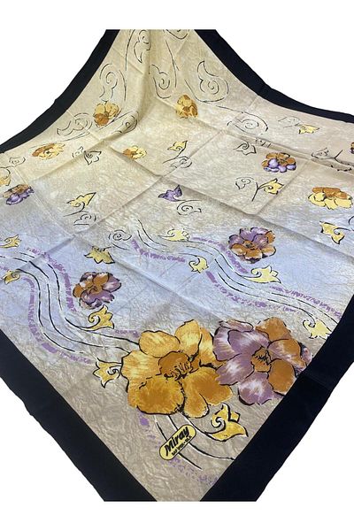 MİRAY EŞARP Miray 100% Pure Silk 100cm X 100cm Large Size Floral Beige Black Scarf E-72