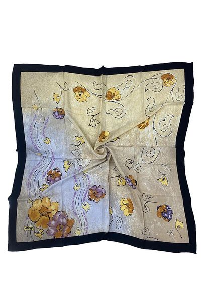 MİRAY EŞARP Miray 100% Pure Silk 100cm X 100cm Large Size Floral Beige Black Scarf E-72