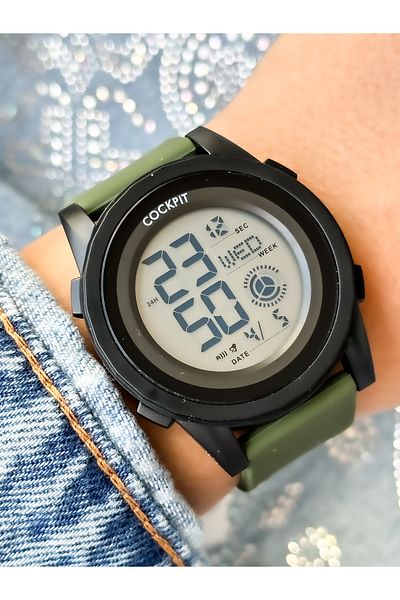 Cockpit Brand, Suitable for Marine Use, Illuminated, with Stopwatch, Green Digital Women's Wristwatch + Bracelet
