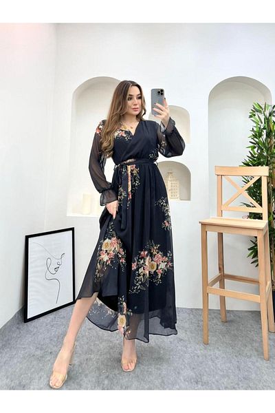 Miasista Plus Size Floral Print Long Chiffon Dress