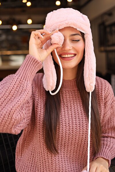 REMSA Kadın Kürklü Kulaklıklı Peluş Şapka RKŞ-04 Pembe