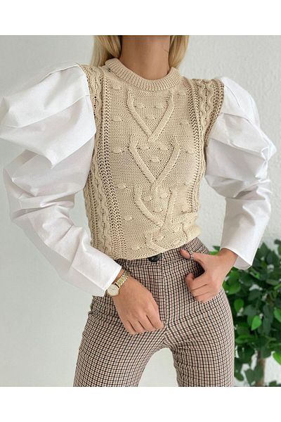 ALESGEROV Women's Poplin Sleeve Cream Knitwear Sweater