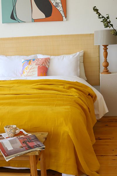 vivamaison King Size 4 Layers Muslin Pique Bedspread Cotton Double Sided Mustard 240x260 cm