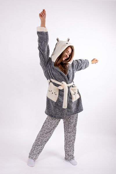 Mariva home Women's Gray Embroidered Hooded Wellsoft Plush Dressing Gown