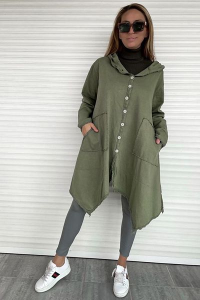 AYASOFYA OTANTIK Women's Khaki Hooded Buttoned Jacquard Bias Tunic Jacket