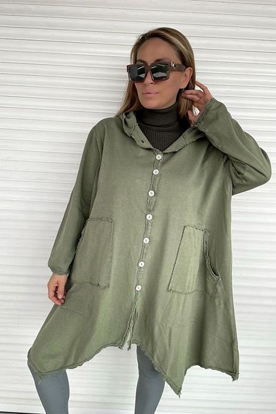AYASOFYA OTANTIK Women's Khaki Hooded Buttoned Jacquard Bias Tunic Jacket
