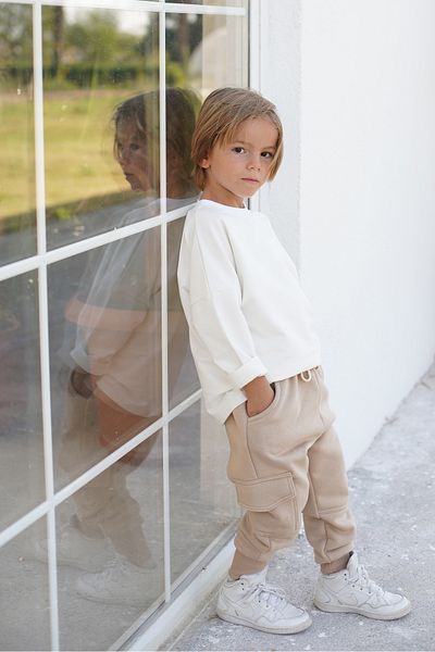 Catz Kids طقم بدلة رياضية للأطفال - بدلة رياضية 3 خيوط مضلعة مع جيوب جانبية - قطن ممشط باللون الكريمي