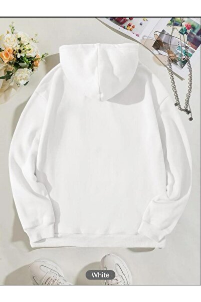 VESTIR BIEN Beyaz NEW YORK Baskılı Kanguru Cepli Oversize Sweatshirt